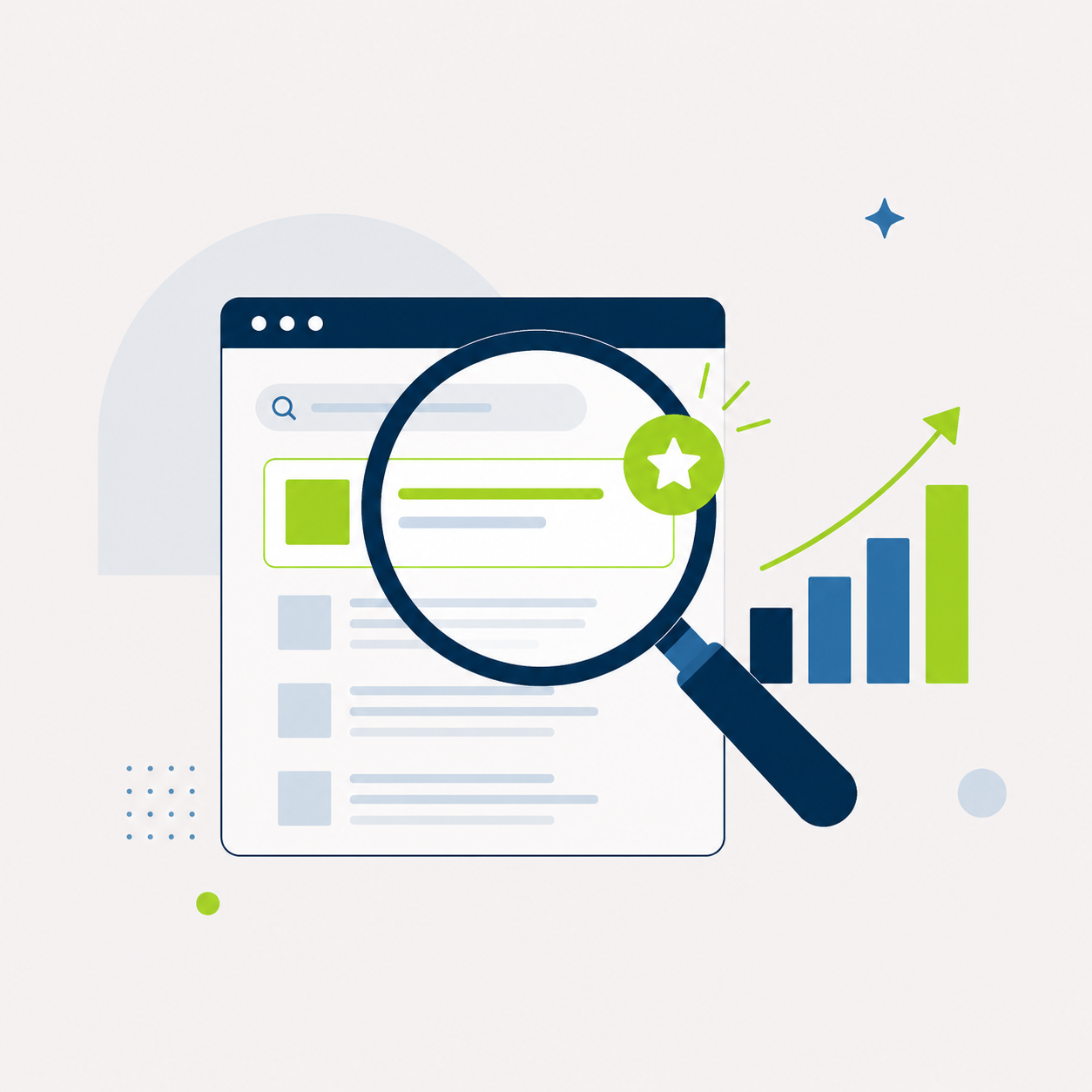 Illustrazione di un risultato di ricerca SEO ottimizzato con crescita della visibilità