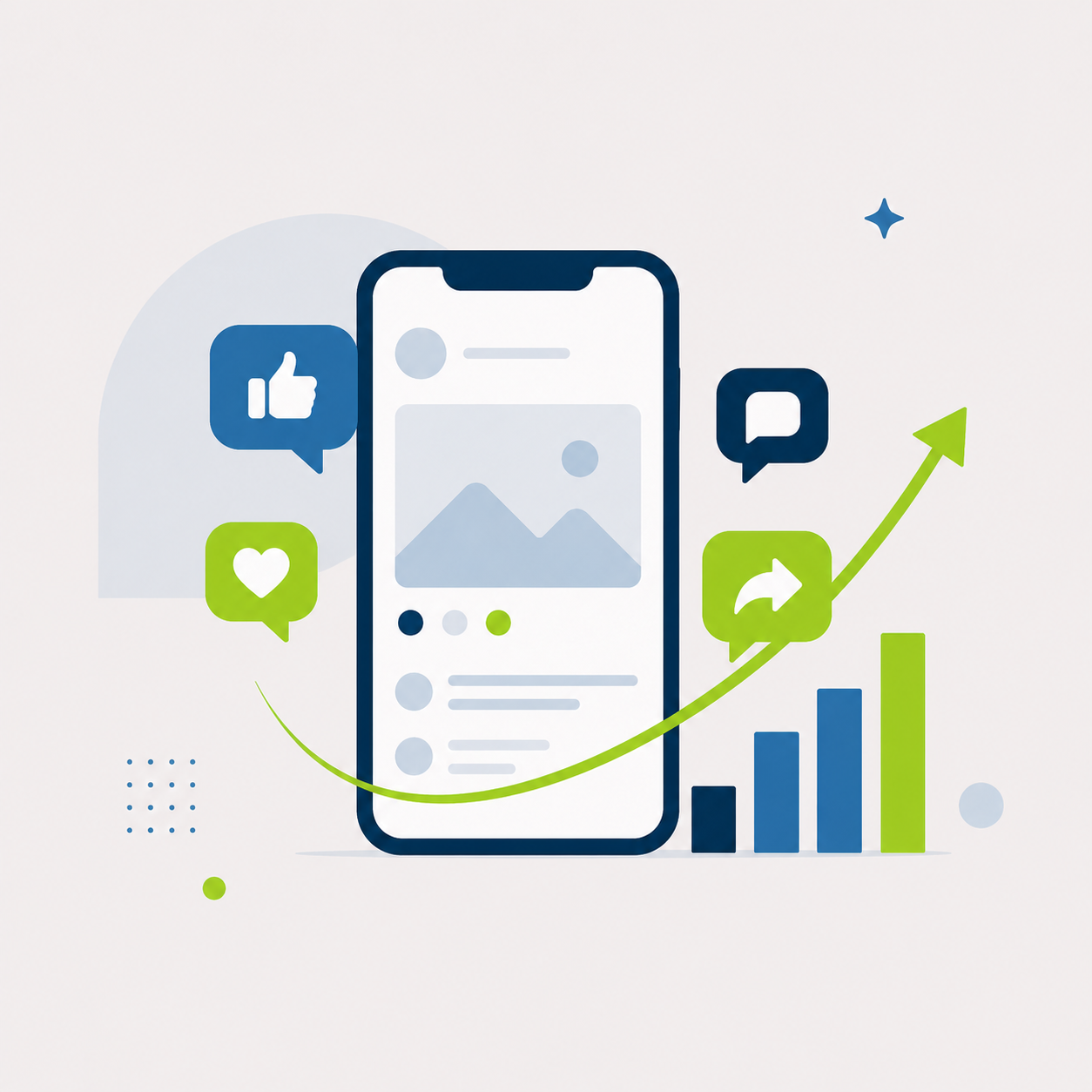 Illustrazione di uno smartphone con post social, like e crescita dell'engagement